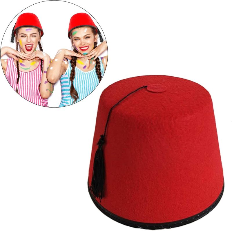 Red Felt Fez Hat with Black Tassel Egyptian Tal Bush Hat Performance Hat - Image 2