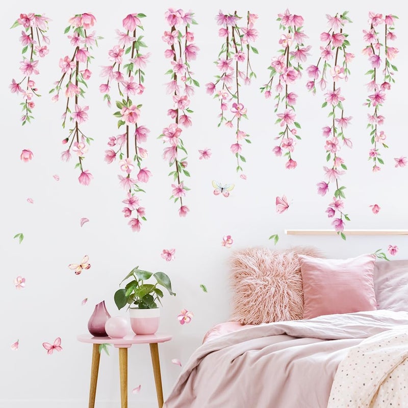 Amtoodopin Pink Flower Vine Wall Decals Hanging Floral Wall Stickers Spring Cherry Blossom Peel and Stick Wall Art Decal Removable Vinyl Mural for Girls Bedroom Nursery Living Room - Image 3