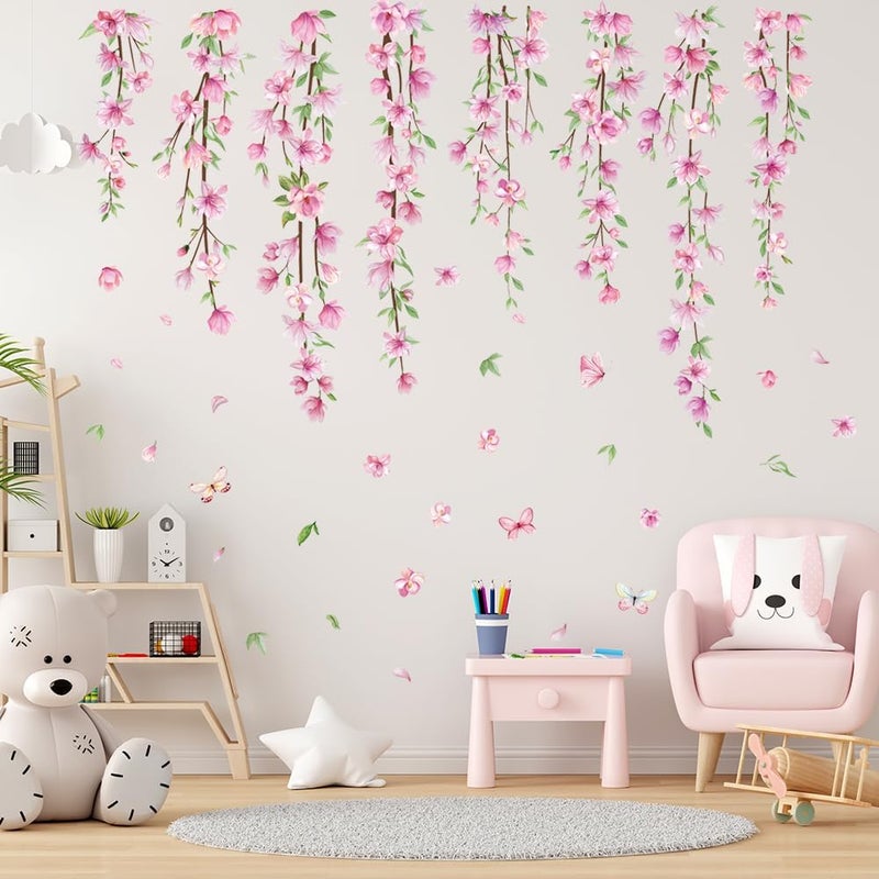 Amtoodopin Pink Flower Vine Wall Decals Hanging Floral Wall Stickers Spring Cherry Blossom Peel and Stick Wall Art Decal Removable Vinyl Mural for Girls Bedroom Nursery Living Room - Image 1