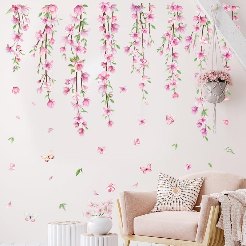 Amtoodopin Pink Flower Vine Wall Decals Hanging Floral Wall Stickers Spring Cherry Blossom Peel and Stick Wall Art Decal Removable Vinyl Mural for Girls Bedroom Nursery Living Room - Image 5