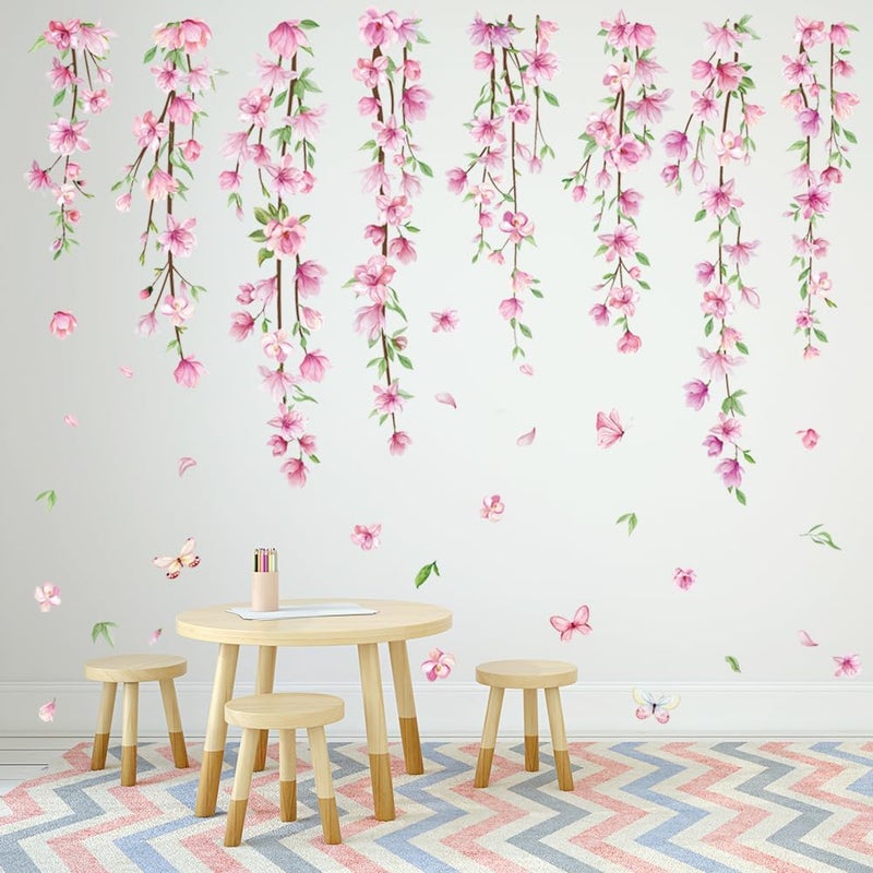Amtoodopin Pink Flower Vine Wall Decals Hanging Floral Wall Stickers Spring Cherry Blossom Peel and Stick Wall Art Decal Removable Vinyl Mural for Girls Bedroom Nursery Living Room - Image 4