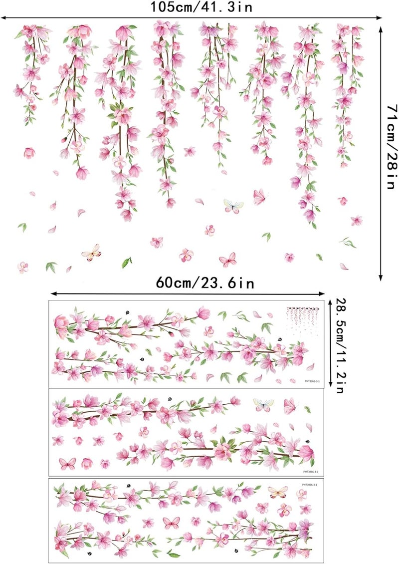 Amtoodopin Pink Flower Vine Wall Decals Hanging Floral Wall Stickers Spring Cherry Blossom Peel and Stick Wall Art Decal Removable Vinyl Mural for Girls Bedroom Nursery Living Room - Image 2