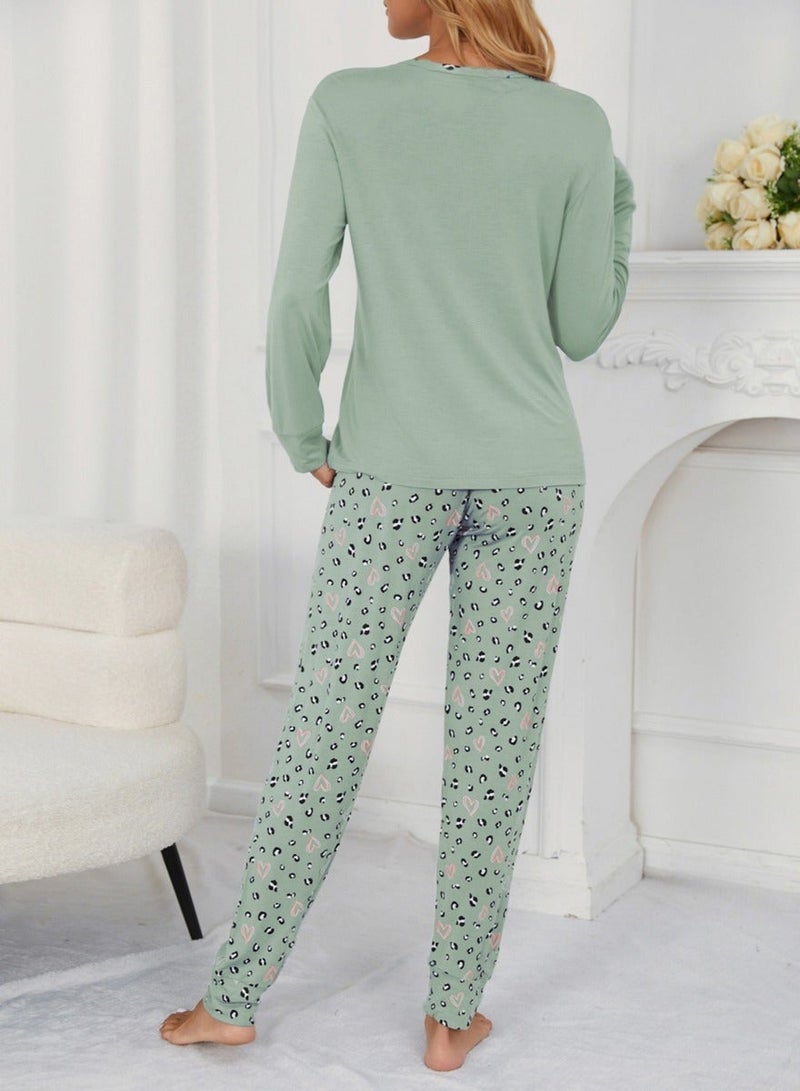 Take Two Green Solid T-Shirt and Printed Pyjama Set - Image 2