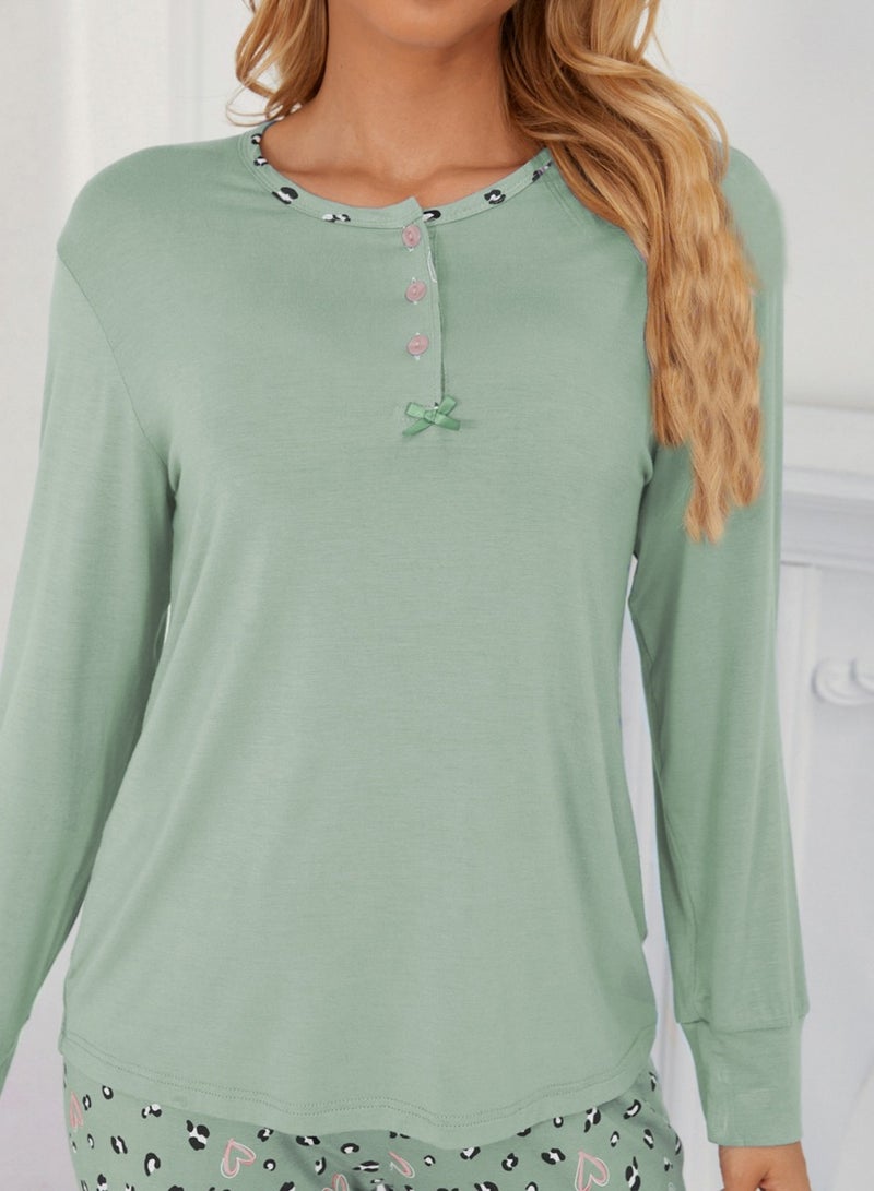 Take Two Green Solid T-Shirt and Printed Pyjama Set - Image 3