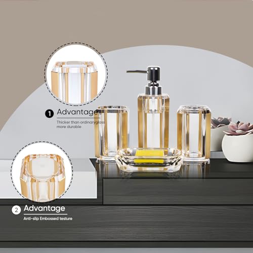 LGURT 4 Piece Premium Acrylic Bathroom Accessory Set, Hand Sanitizer Bottle, Lotion Can Bathroom Suit, Separate Bottle Soap Box, Mouthwash Cup, Toothbrush Cup(Brushed Gold) - Image 3