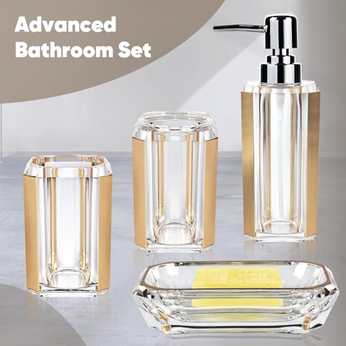 LGURT 4 Piece Premium Acrylic Bathroom Accessory Set, Hand Sanitizer Bottle, Lotion Can Bathroom Suit, Separate Bottle Soap Box, Mouthwash Cup, Toothbrush Cup(Brushed Gold) - Image 5