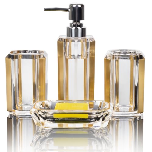 LGURT 4 Piece Premium Acrylic Bathroom Accessory Set, Hand Sanitizer Bottle, Lotion Can Bathroom Suit, Separate Bottle Soap Box, Mouthwash Cup, Toothbrush Cup(Brushed Gold) - Image 1
