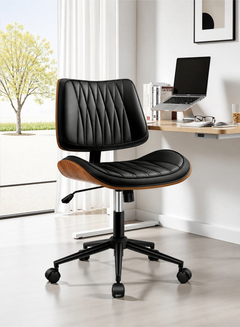 Yanara Ergonomic Armless Office Chair, Mid-Century Modern Faux Leather with Diamond Stitch & Walnut Wood Base, Adjustable Height Swivel Rolling Mid Back Computer Chair for Home, Bedroom, Meeting Room (White or Black) - Image 1