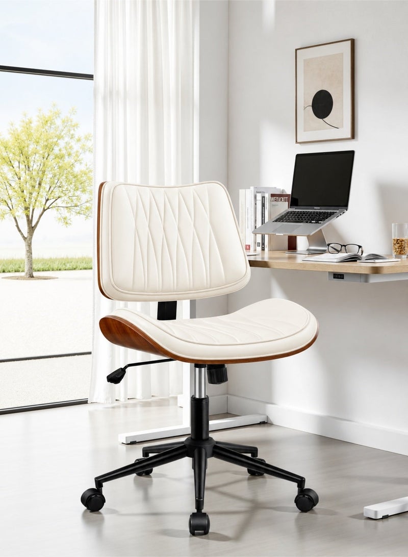 Yanara Ergonomic Armless Office Chair, Mid-Century Modern Faux Leather with Diamond Stitch & Walnut Wood Base, Adjustable Height Swivel Rolling Mid Back Computer Chair for Home, Bedroom, Meeting Room (White or Black) - Image 2