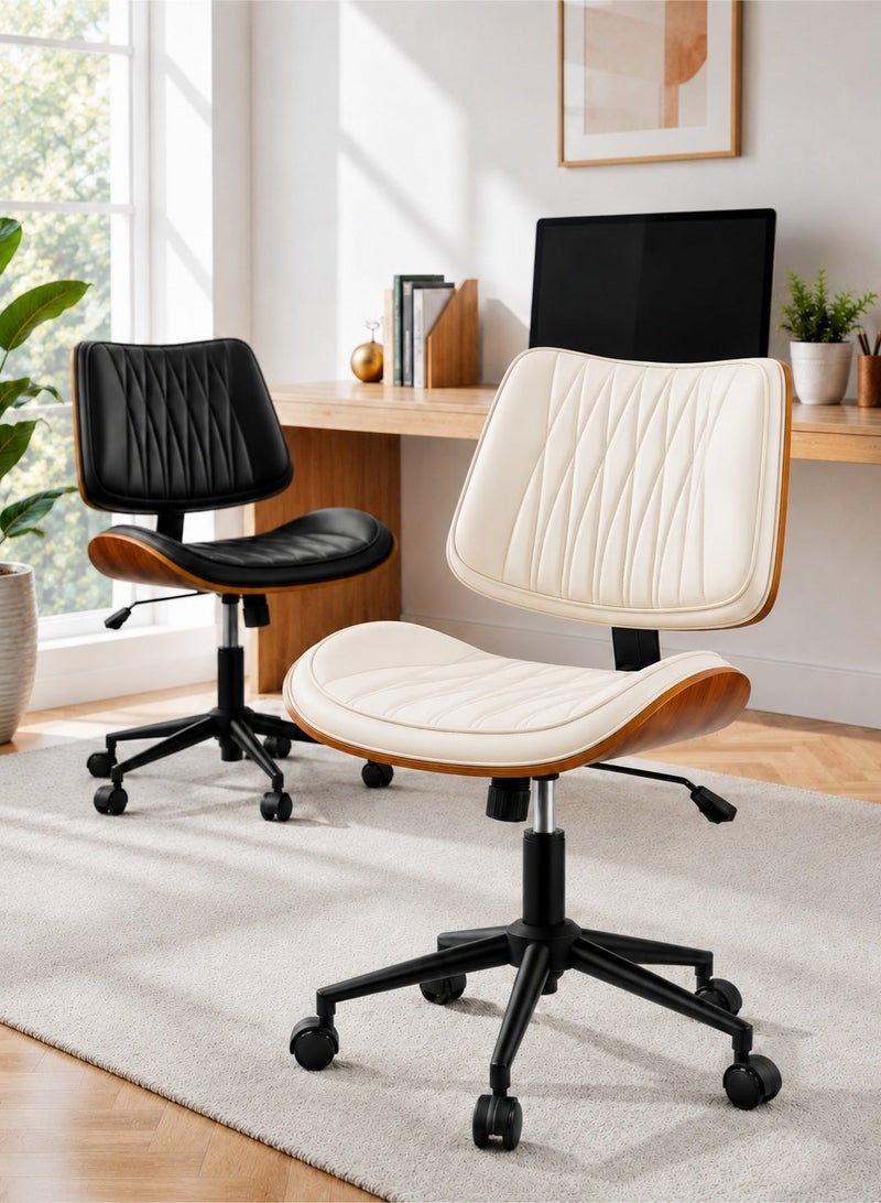 Yanara Ergonomic Armless Office Chair, Mid-Century Modern Faux Leather with Diamond Stitch & Walnut Wood Base, Adjustable Height Swivel Rolling Mid Back Computer Chair for Home, Bedroom, Meeting Room (White or Black) - Image 3