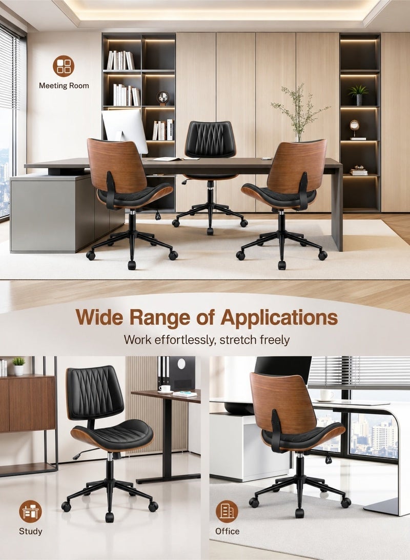 Yanara Ergonomic Armless Office Chair, Mid-Century Modern Faux Leather with Diamond Stitch & Walnut Wood Base, Adjustable Height Swivel Rolling Mid Back Computer Chair for Home, Bedroom, Meeting Room (White or Black) - Image 4