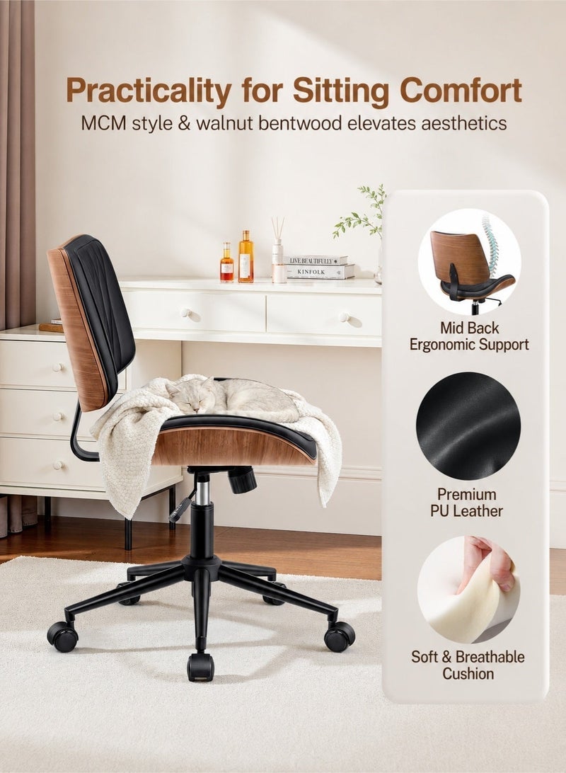 Yanara Ergonomic Armless Office Chair, Mid-Century Modern Faux Leather with Diamond Stitch & Walnut Wood Base, Adjustable Height Swivel Rolling Mid Back Computer Chair for Home, Bedroom, Meeting Room (White or Black) - Image 5