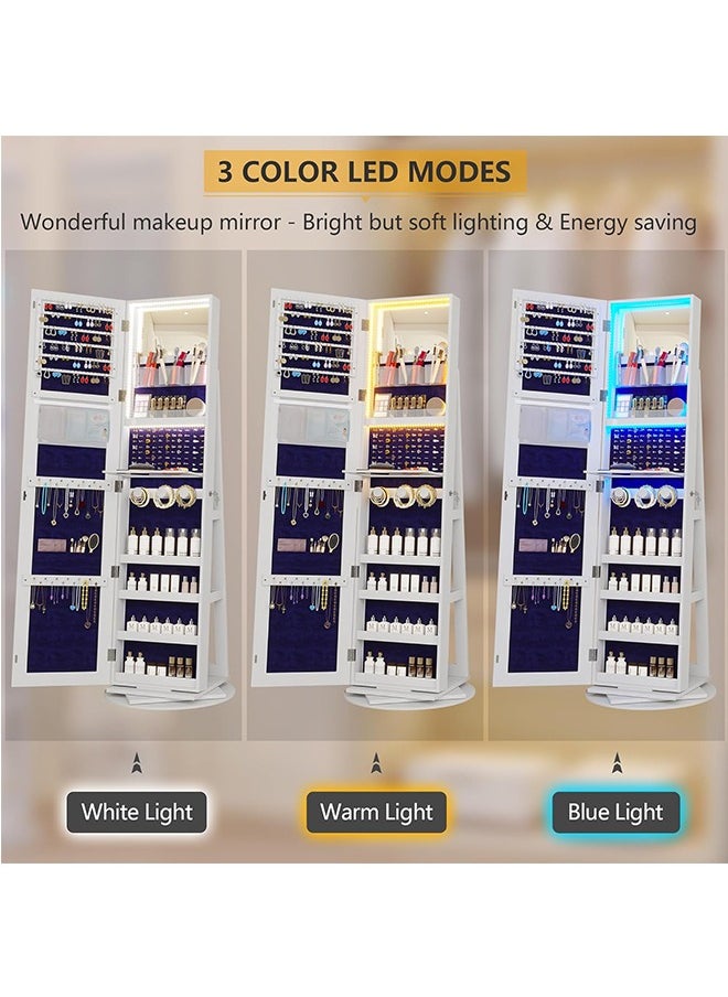 JCB CHIC LED Jewelry Armoire with Full Length Mirror 360° Rotating, Jewelry Cabinet Large Standing Lockable Mirror Jewelry Organizer with Inner Makeup Mirror Soft Velvet for Living Room Bedroom  - Image 3