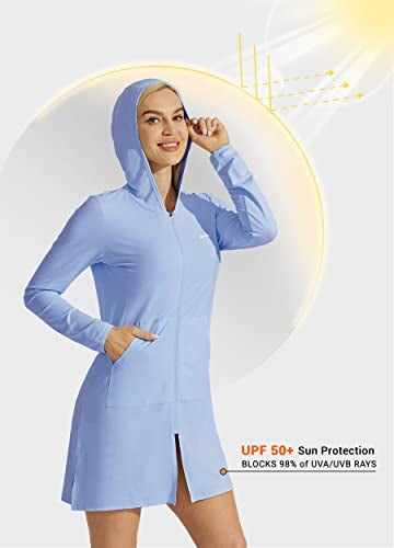 Willit UPF 50+ Women's Swim Cover Up Sun Protection Beach Swimwear Bathing Suit Long Hoodie Jacket SPF Fog Blue L - Image 2