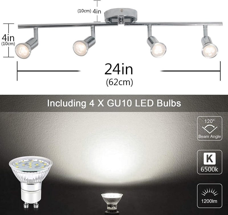 Qcyuui طقم إضاءة مسار حديث بـ 4 مصابيح، مصابيح جدارية/سقفية، إضاءة LED مع رأس ضوء دوار بالكروم للمطبخ وغرفة المعيشة، 4×مصباح GU10 (مضمن) - Image 2