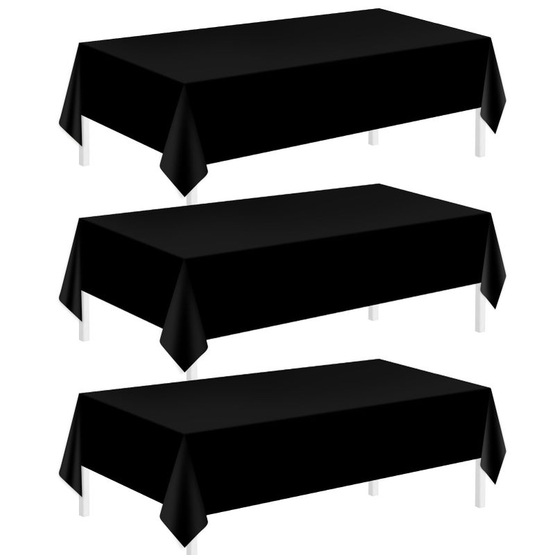Childom 3 Pack Plastic Tablecloths for Rectangle Tables 54 x 108 Black Disposable Table Cloths for 6 to 8 Foot Tables Indoor or Outdoor Parties Birthday Wedding Christmas Anniversary Buffet Table