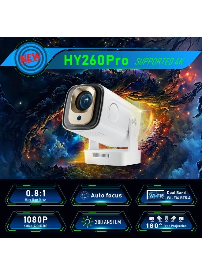 YT HY260 Pro Smart Mini Projector 4K with WiFi6 and Bluetooth 5.4, Auto Focus/Keystone, Full HD 1920*1080P, Built in Apps For Indoor Outdoor Compatible - Image 2