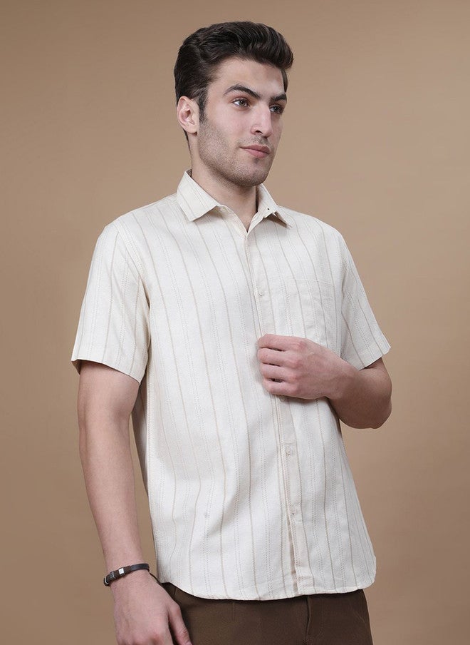 Hence Vertical Striped Spread Collar Cotton Casual Shirt - Image 3