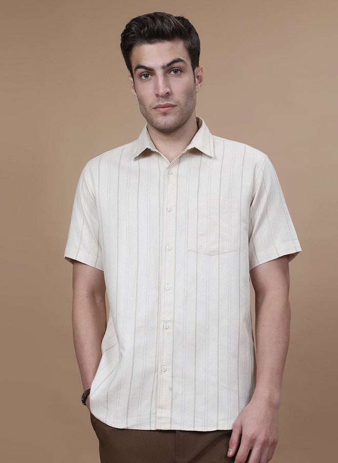 Hence Vertical Striped Spread Collar Cotton Casual Shirt - Image 1