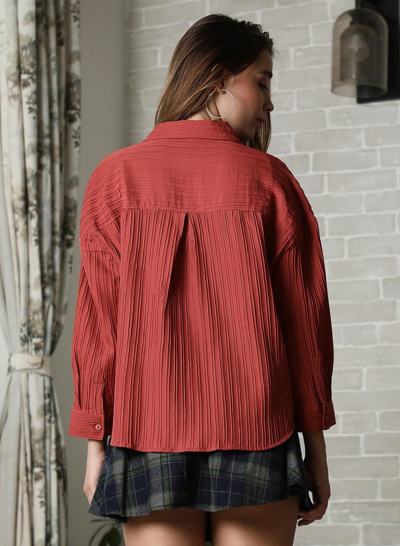 PINACOLADA Pinacolada Women's Sienna Brown Stripe-Tactile Oversized Shirt For Casual Wear | Spread Collar | Long Cuffed Sleeves | Button Closure | Oversized Shirt Designed With Comfortable Fit For Woman & Girls - Image 5