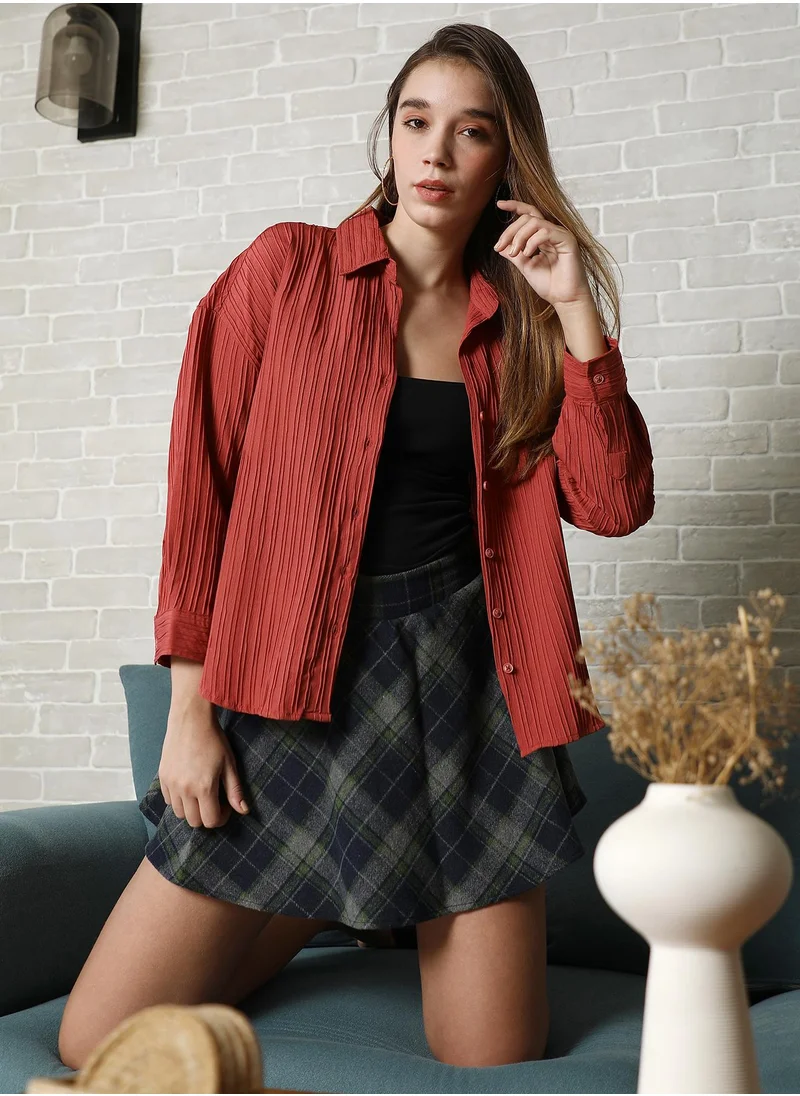 بينيا كولادا Pinacolada Women's Sienna Brown Stripe-Tactile Oversized Shirt For Casual Wear | Spread Collar | Long Cuffed Sleeves | Button Closure | Oversized Shirt Designed With Comfortable Fit For Woman & Girls