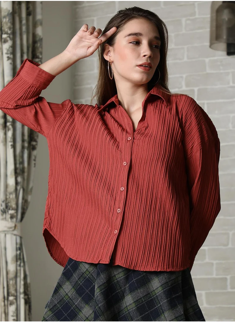 بينيا كولادا Pinacolada Women's Sienna Brown Stripe-Tactile Oversized Shirt For Casual Wear | Spread Collar | Long Cuffed Sleeves | Button Closure | Oversized Shirt Designed With Comfortable Fit For Woman & Girls
