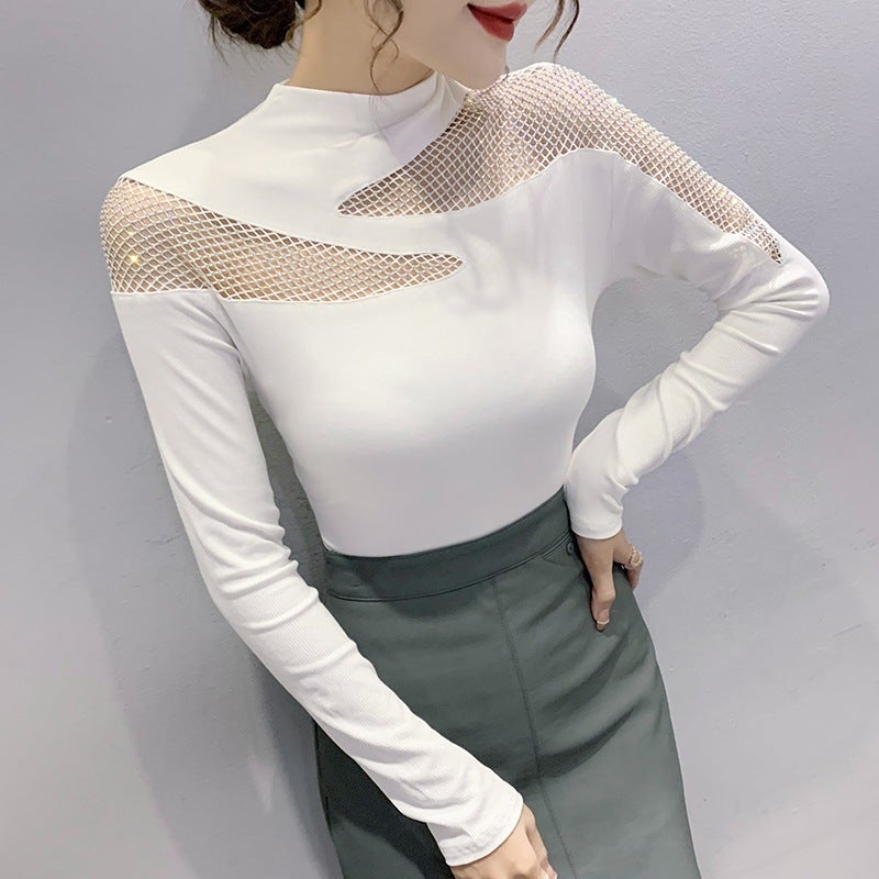 Actual S Of 2021 High-Neck European Style Heavy Craft Hollow-Out Rhinestone Internet Celebrity Women'S Long-Sleeve Cotton T-Shirt - Image 5