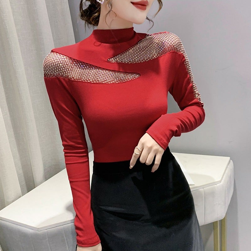 Actual S Of 2021 High-Neck European Style Heavy Craft Hollow-Out Rhinestone Internet Celebrity Women'S Long-Sleeve Cotton T-Shirt - Image 4