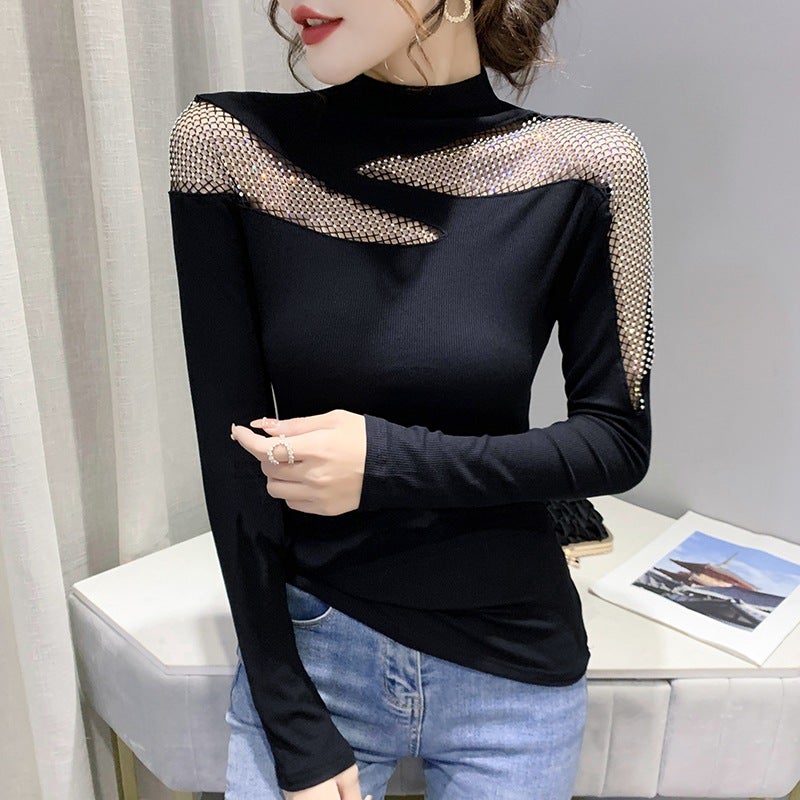 Actual S Of 2021 High-Neck European Style Heavy Craft Hollow-Out Rhinestone Internet Celebrity Women'S Long-Sleeve Cotton T-Shirt - Image 3