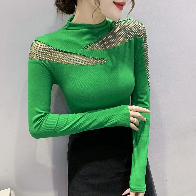 Actual S Of 2021 High-Neck European Style Heavy Craft Hollow-Out Rhinestone Internet Celebrity Women'S Long-Sleeve Cotton T-Shirt - Image 2
