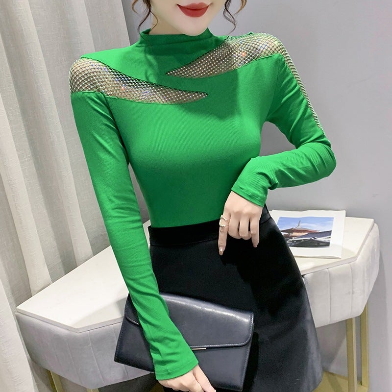 Actual S Of 2021 High-Neck European Style Heavy Craft Hollow-Out Rhinestone Internet Celebrity Women'S Long-Sleeve Cotton T-Shirt - Image 1