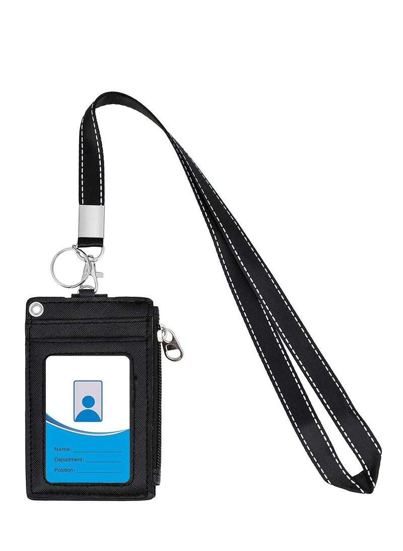 KASTWAVE Badge Holder with Zipper,  Id Badge Holder Wallet Leather Credit Card Holder Zipper Wallet with Lanyard, 2 Sided 5 Card Slots and Key Chain - Image 2