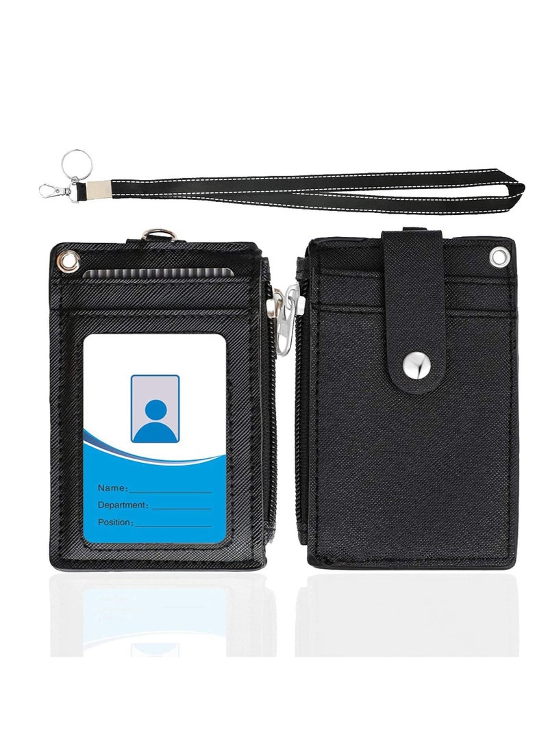 KASTWAVE Badge Holder with Zipper,  Id Badge Holder Wallet Leather Credit Card Holder Zipper Wallet with Lanyard, 2 Sided 5 Card Slots and Key Chain - Image 1