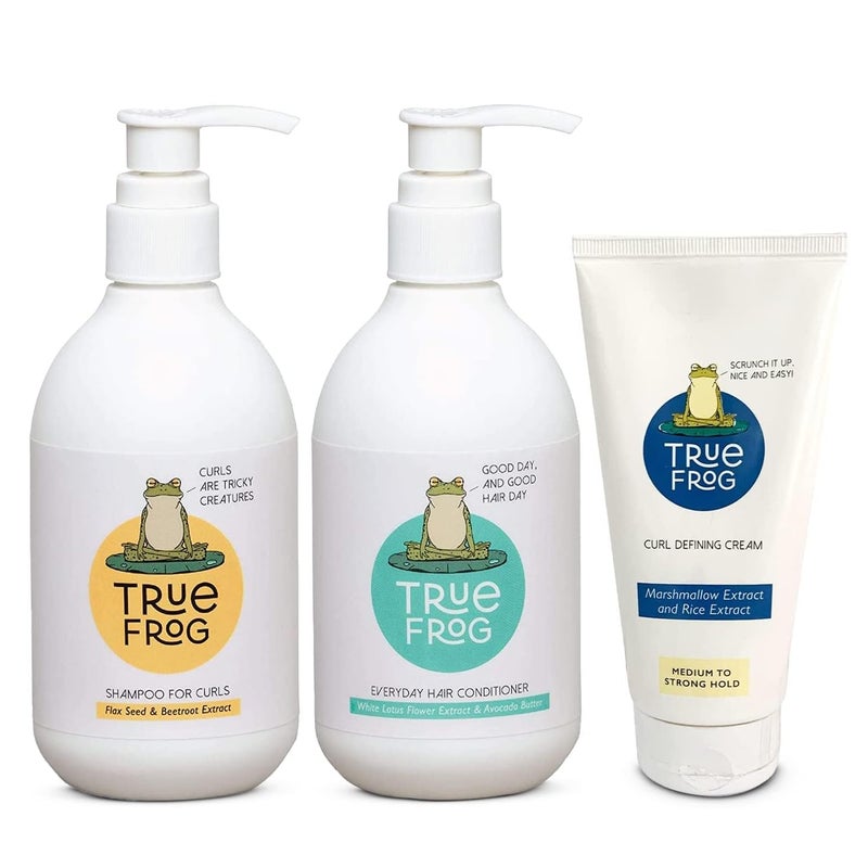 True Frogs Curly Hair Kit with Shampoo for Curls Everyday Hair Conditioner and Curl Defining Cream To Moisturize and Define Curls With Beetroot Extract and Ricewater Extract For Curly Wavy Hair  Combo Pack of 3  750ml - Image 1