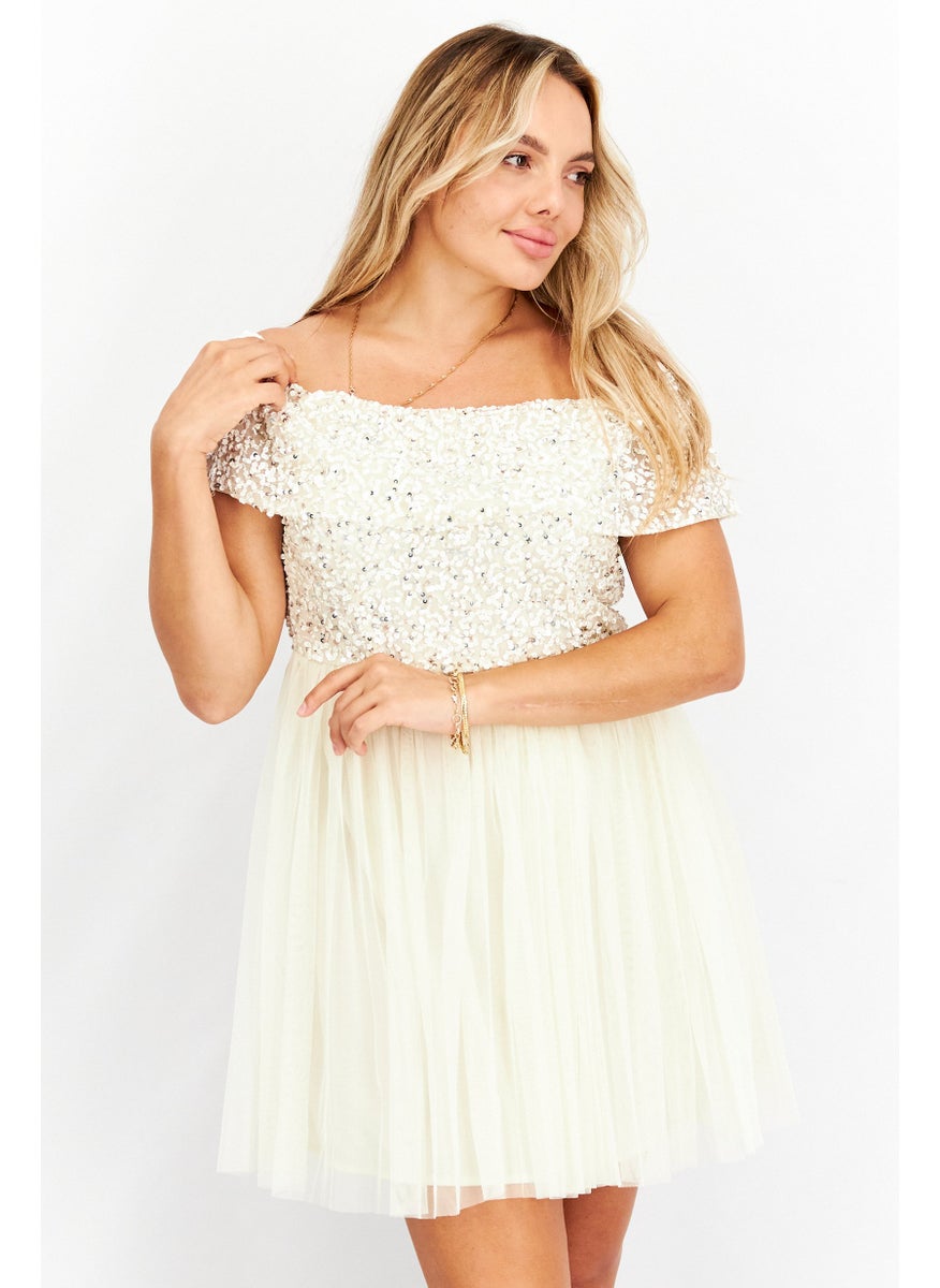 Maya Deluxe - Women Sequins Off Shoulder Mini Party Dress, Beige - Image 1