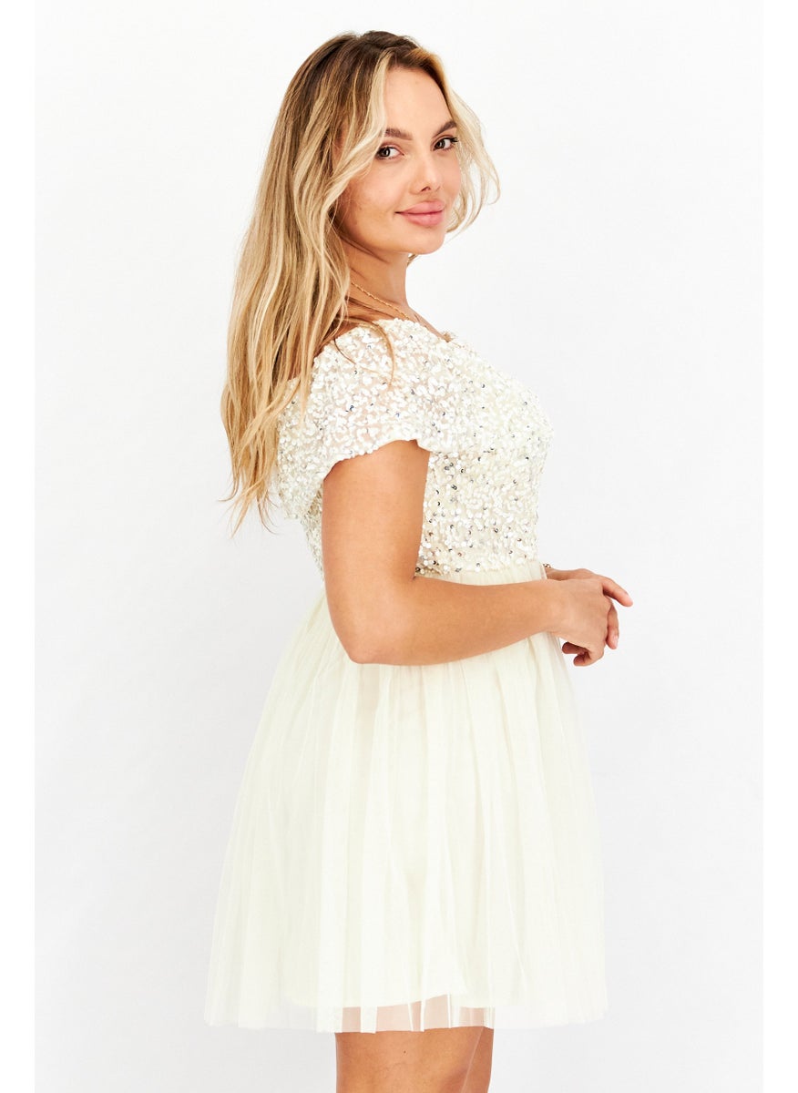 Maya Deluxe - Women Sequins Off Shoulder Mini Party Dress, Beige - Image 1