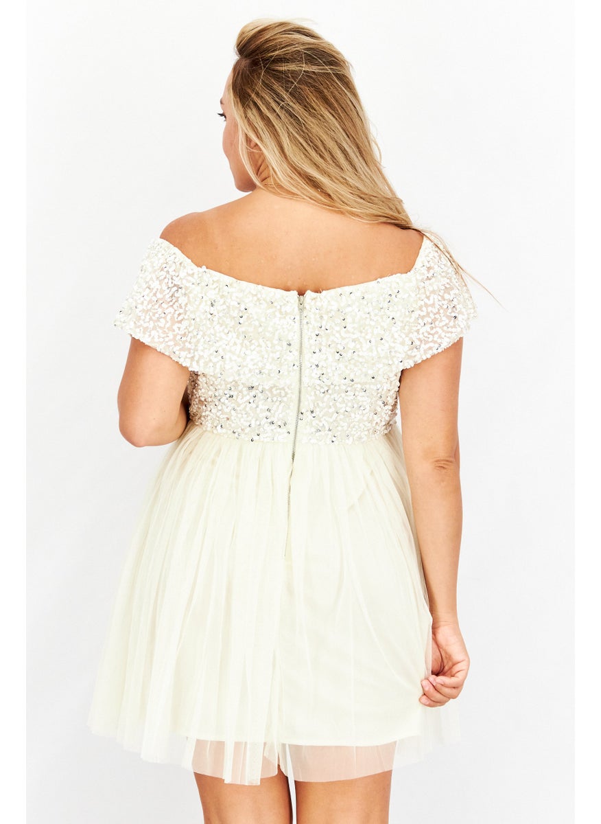 Maya Deluxe - Women Sequins Off Shoulder Mini Party Dress, Beige - Image 1
