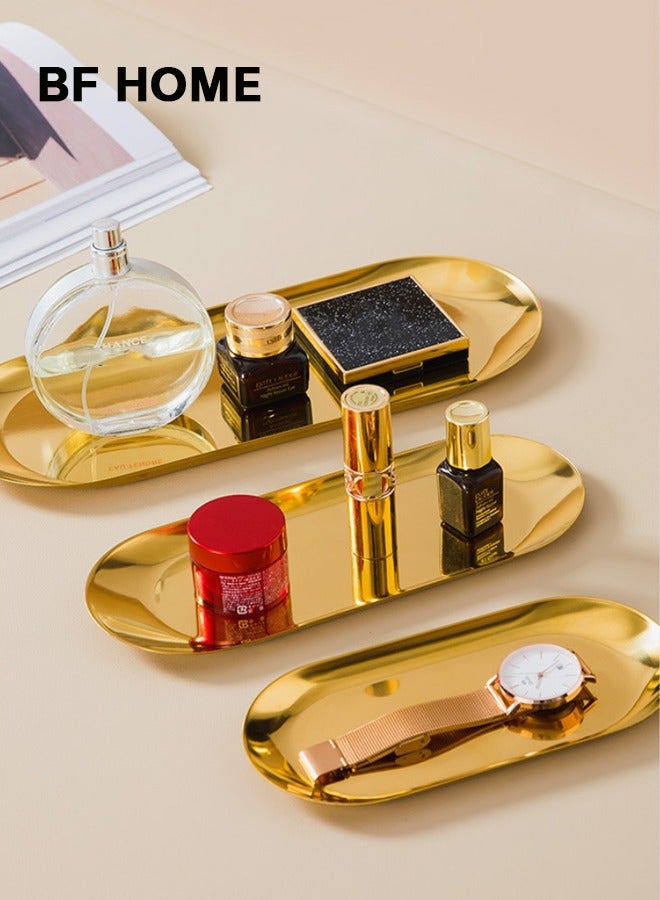 BF HOME 3-Piece Set, Multi-Size Stainless Steel Gold Ellipse Trays Decorative Tray, Jewelry Dish Cosmetics Organizer, Bathroom Clutter Serving Platter, Small Storage Tray - Image 1