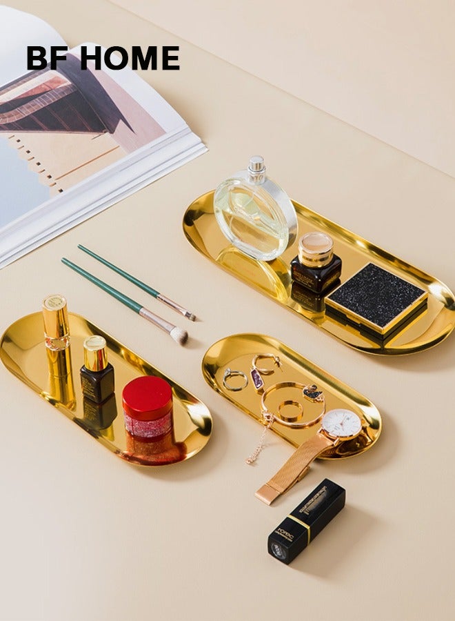 BF HOME 3-Piece Set, Multi-Size Stainless Steel Gold Ellipse Trays Decorative Tray, Jewelry Dish Cosmetics Organizer, Bathroom Clutter Serving Platter, Small Storage Tray - Image 2