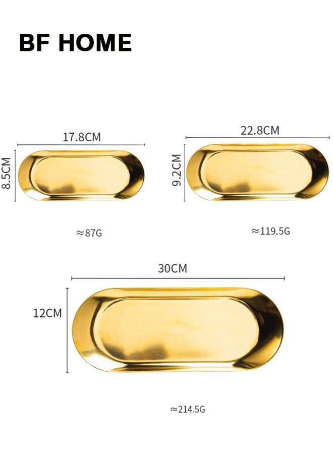 BF HOME 3-Piece Set, Multi-Size Stainless Steel Gold Ellipse Trays Decorative Tray, Jewelry Dish Cosmetics Organizer, Bathroom Clutter Serving Platter, Small Storage Tray - Image 4