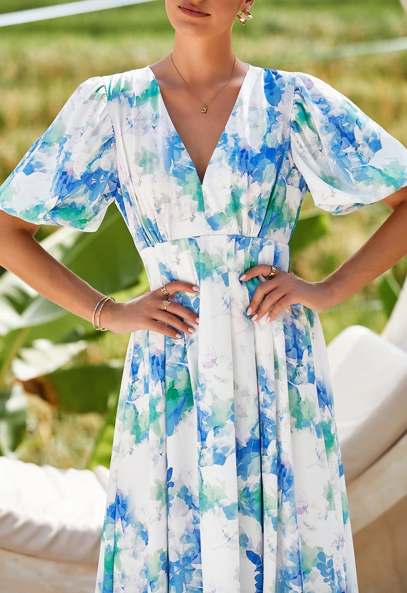 Maxigerui Women's Summer Floral Maxi Dress Spring Wedding Guest Dress 2026 Blue Green Floral M - Image 2