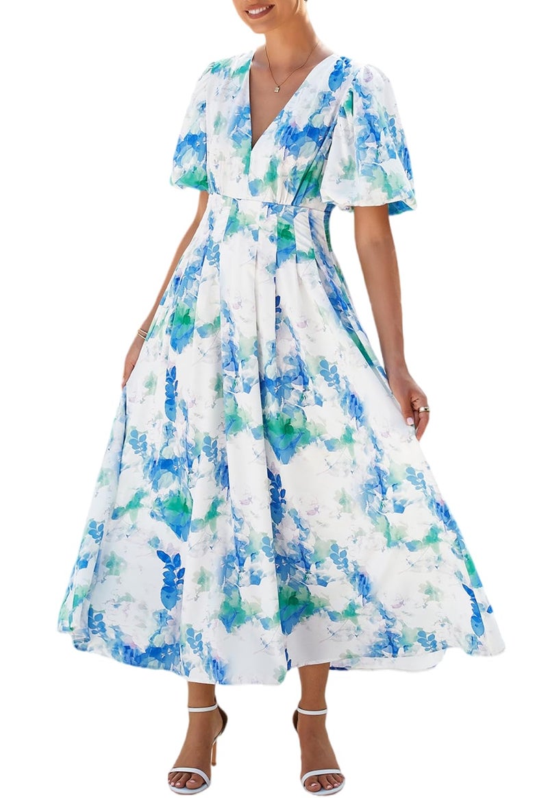 Maxigerui Women's Summer Floral Maxi Dress Spring Wedding Guest Dress 2026 Blue Green Floral M - Image 1