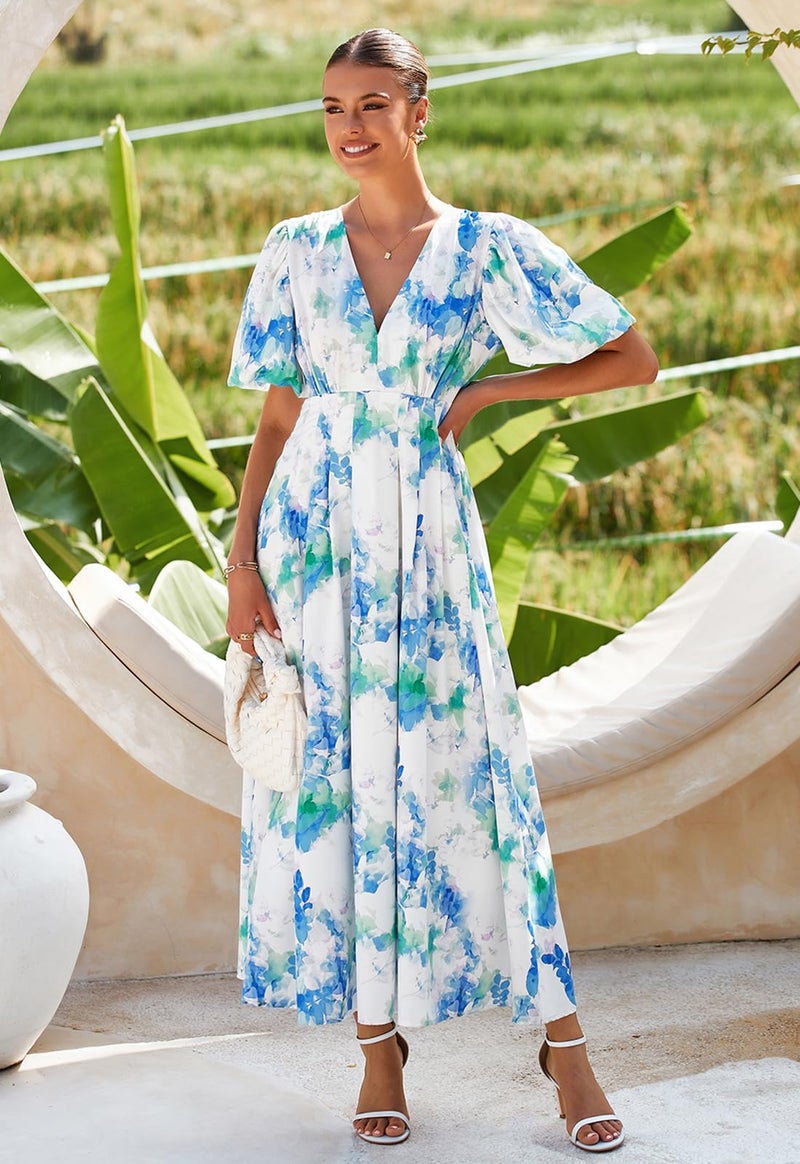 Maxigerui Women's Summer Floral Maxi Dress Spring Wedding Guest Dress 2026 Blue Green Floral M - Image 5