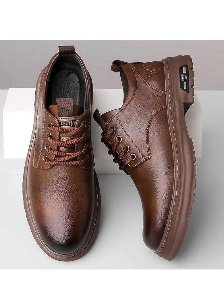 Men's casual leather boots, fashionable high top sports shoes, lightweight lace up flat shoes, men's fashionable sports shoes ankle boots, suitable for daily walking shoes for office, family gatherings, vacations, and travel - Image 1