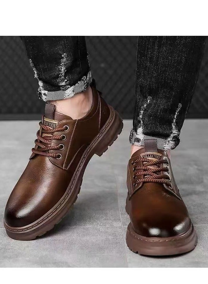 Men's casual leather boots, fashionable high top sports shoes, lightweight lace up flat shoes, men's fashionable sports shoes ankle boots, suitable for daily walking shoes for office, family gatherings, vacations, and travel - Image 2