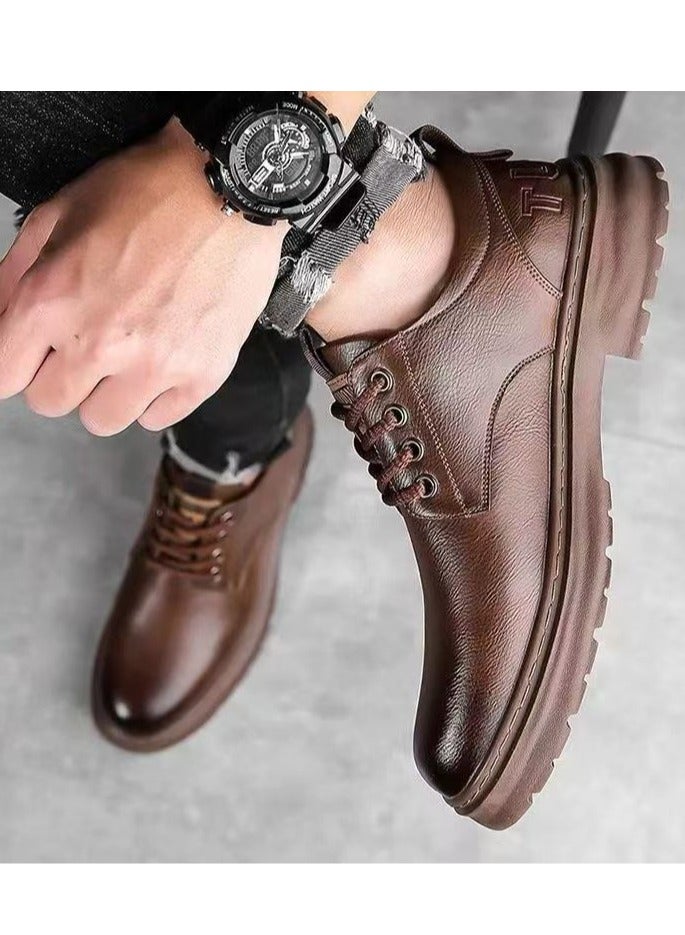 Men's casual leather boots, fashionable high top sports shoes, lightweight lace up flat shoes, men's fashionable sports shoes ankle boots, suitable for daily walking shoes for office, family gatherings, vacations, and travel - Image 3