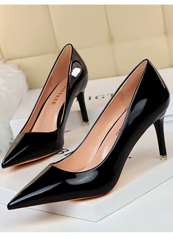 BIGTREE Women's Comfortable Shiny Stiletto Pumps 7.5cm Elegant Gorgeous Closed Pointed Toe Slip On Solid High Heels Black