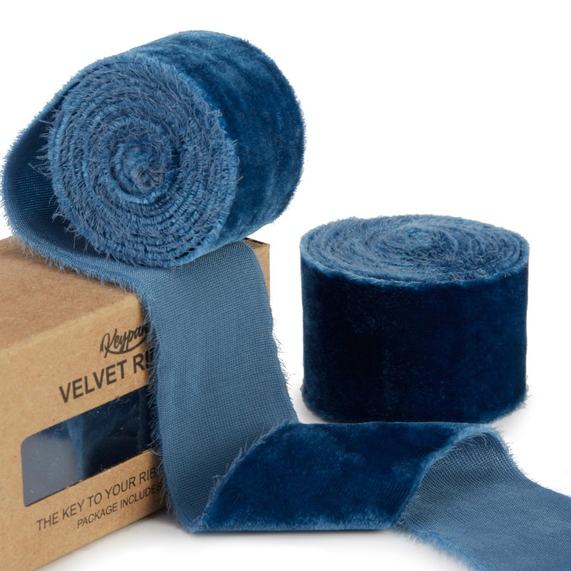 Keypan Blue Velvet Ribbon for Gift Wrapping 1 12 inch Wide Handmade Fringe Fabric Ribbons for Christmas Decorations Baby Shower Flower Bouquet