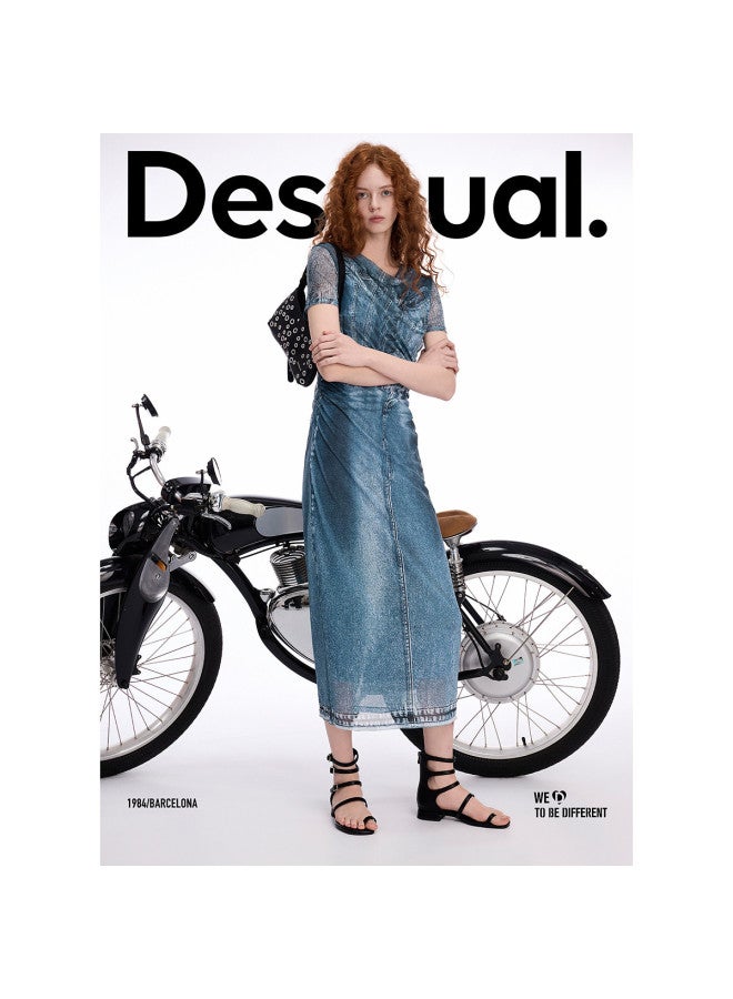 DESIGUAL [اختيار المدون] فستان ضيق بطبعة دنيم مزيف خفيف الوزن من شبكة 25Ss - Image 3