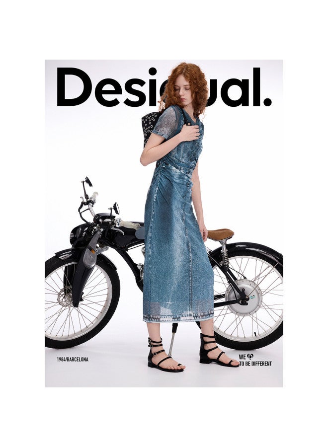 DESIGUAL [اختيار المدون] فستان ضيق بطبعة دنيم مزيف خفيف الوزن من شبكة 25Ss - Image 4